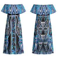 Aotearoa Ngati Porou Family Matching Off Shoulder Maxi Dress and Hawaiian Shirt Maori Light Blue Tribal Paua Shell Pattern DT05 Mom's Dress Blue - Polynesian Pride
