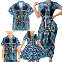 Aotearoa Ngati Porou Family Matching Short Sleeve Bodycon Dress and Hawaiian Shirt Maori Light Blue Tribal Paua Shell Pattern DT05 - Polynesian Pride