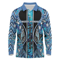 Aotearoa Ngati Porou Long Sleeve Polo Shirt Maori Light Blue Tribal Paua Shell Pattern DT05 Blue - Polynesian Pride
