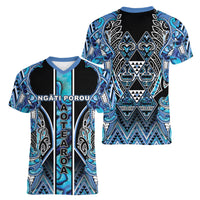 Aotearoa Ngati Porou Women V-Neck T-Shirt Maori Light Blue Tribal Paua Shell Pattern DT05 - Polynesian Pride