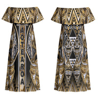Aotearoa Waikato Tainui Couples Matching Off Shoulder Maxi Dress and Hawaiian Shirt Maori Light Gold Tribal Paua Shell Pattern DT05 - Polynesian Pride