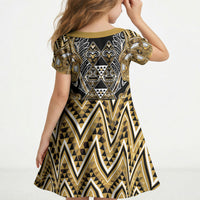 Aotearoa Waikato Tainui Kid Short Sleeve Dress Maori Light Gold Tribal Paua Shell Pattern DT05 - Polynesian Pride