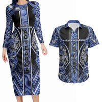Aotearoa Ngati Kahungunu Couples Matching Long Sleeve Bodycon Dress and Hawaiian Shirt Maori Tribal Blue Paua Shell Pattern DT05 Blue - Polynesian Pride
