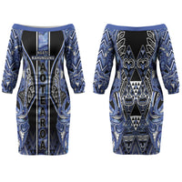 Aotearoa Ngati Kahungunu Family Matching Off The Shoulder Long Sleeve Dress and Hawaiian Shirt Maori Tribal Blue Paua Shell Pattern DT05 Mom's Dress Blue - Polynesian Pride