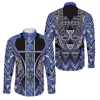 Aotearoa Ngati Kahungunu Family Matching Off Shoulder Maxi Dress and Hawaiian Shirt Maori Tribal Blue Paua Shell Pattern DT05 Dad's Shirt - Long Sleeve Blue - Polynesian Pride