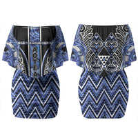 Aotearoa Ngati Kahungunu Family Matching Off Shoulder Short Dress and Hawaiian Shirt Maori Tribal Blue Paua Shell Pattern DT05 Mom's Dress Blue - Polynesian Pride