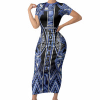 Aotearoa Ngati Kahungunu Short Sleeve Bodycon Dress Maori Tribal Blue Paua Shell Pattern DT05 Long Dress Blue - Polynesian Pride