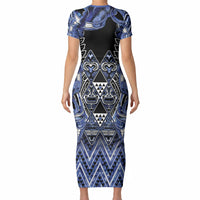 Aotearoa Ngati Kahungunu Short Sleeve Bodycon Dress Maori Tribal Blue Paua Shell Pattern DT05 - Polynesian Pride