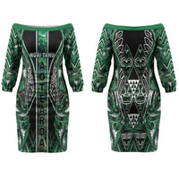 Aotearoa Ngai Tahu Couples Matching Off The Shoulder Long Sleeve Dress and Long Sleeve Button Shirt Maori Tribal Dark Green Paua Shell Pattern DT05 - Polynesian Pride