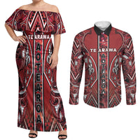 Aotearoa Te Arawa Couples Matching Off Shoulder Maxi Dress and Long Sleeve Button Shirt Maori Tribal Dark Red Paua Shell Pattern DT05 Red - Polynesian Pride