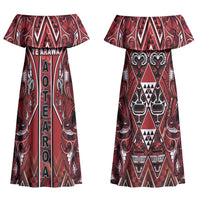 Aotearoa Te Arawa Couples Matching Off Shoulder Maxi Dress and Long Sleeve Button Shirt Maori Tribal Dark Red Paua Shell Pattern DT05 - Polynesian Pride