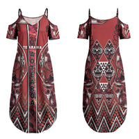 Aotearoa Te Arawa Couples Matching Summer Maxi Dress and Long Sleeve Button Shirt Maori Tribal Dark Red Paua Shell Pattern DT05 - Polynesian Pride