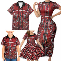 Aotearoa Te Arawa Family Matching Short Sleeve Bodycon Dress and Hawaiian Shirt Maori Tribal Dark Red Paua Shell Pattern DT05 - Polynesian Pride