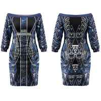 Aotearoa Tuwharetoa Couples Matching Off The Shoulder Long Sleeve Dress and Long Sleeve Button Shirt Maori Tribal Navy Paua Shell Pattern DT05 - Polynesian Pride