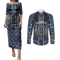Aotearoa Tuwharetoa Couples Matching Puletasi and Long Sleeve Button Shirt Maori Tribal Navy Paua Shell Pattern DT05 Navy - Polynesian Pride