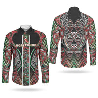 Aotearoa Ngai Tuhoe Couples Matching Off The Shoulder Long Sleeve Dress and Long Sleeve Button Shirt Maori Tribal Red And Green Paua Shell Pattern DT05 - Polynesian Pride