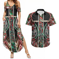 Aotearoa Ngai Tuhoe Couples Matching Summer Maxi Dress and Hawaiian Shirt Maori Tribal Red And Green Paua Shell Pattern DT05 Red - Polynesian Pride