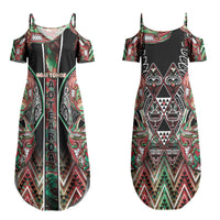 Aotearoa Ngai Tuhoe Couples Matching Summer Maxi Dress and Hawaiian Shirt Maori Tribal Red And Green Paua Shell Pattern DT05 - Polynesian Pride