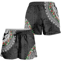 Fiji Hibiscus Shorts for Women Tapa Masi Motifs with Tropical Plants