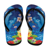 Fiji Jellyfish Flip Flops Tapa Patterns and Hibiscus Sea Vibe