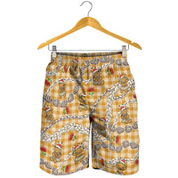 Gold Palaka Hawaii Mele Kalikimaka Shorts for Men Ohia Lehua Shell Leis Funny Gingerbread Santa - Polynesian Pride