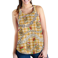 Gold Palaka Hawaii Mele Kalikimaka Women Racerback Tank Ohia Lehua Shell Leis Funny Gingerbread Santa - Polynesian Pride