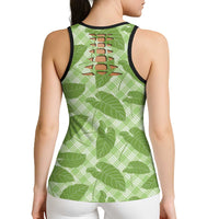 Green Hawaii Kalo Palaka Motifs Hollow Tank Top Hawaiian Taro Leaves Elegant Vibes