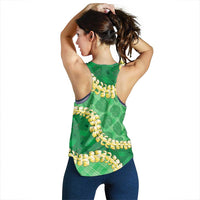 Green Palaka Hawaii Mele Kalikimaka Women Racerback Tank Ohia Lehua Monstera Puakenikeni Lei LT14 - Polynesian Pride