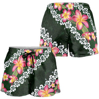Green Polynesia Shorts for Women Plumeria With Hibiscus Pattern Tropical Vibes LT14 - Polynesian Pride