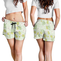 Hawaii Anthurium Tiare Pikake Lei Shorts for Women Sage Green Lauhala Art Pattern
