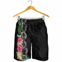 Hawaii DNA Kakau Tattoo Shorts for Men with Plumeria and Hibiscus Tropical Plants Black Color