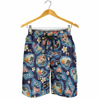 Hawaii Islands Map Design with Japanese Landscape Shorts for Men Hawaiian Japan Fusion Art Navy Color