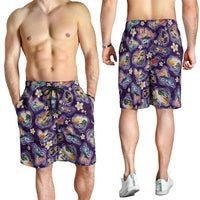 Hawaii Islands Map Design with Japanese Landscape Shorts for Men Hawaiian Japan Fusion Art Purple Color