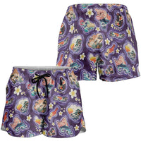Hawaii Islands Map Design with Japanese Landscape Shorts for Women Hawaiian Japan Fusion Art Purple Color LT03 - Polynesian Pride