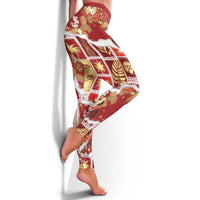 Hawaii Japanese Culture Red Leggings Spring Cranes Aloha Pattern