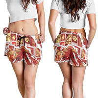 Hawaii Japanese Culture Red Shorts for Women Spring Cranes Aloha Pattern
