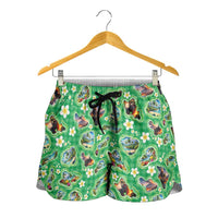 Hawaii Map with Plumeria Flower and Palaka Pattern Shorts for Women Tropical Island Green Design
