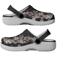 Hawaii Tropical Flowers and Leaves Clogs Shoes Tapa Pattern Grayscale Mode