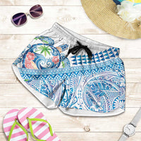 Hawaiian Abstract Sea Turtle Shorts for Women Polynesian Tapa Art and Kakau Tattoo White WaterColor LT03 White - Polynesian Pride