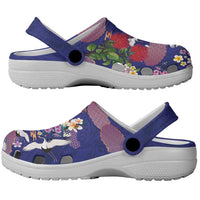 Hawaiian and Japanese Culture Together Clogs Shoes Blue Ohia Lehua Plumeria and Sakura Blooming LT03 - Polynesian Pride