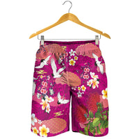 Hawaiian and Japanese Culture Together Shorts for Men Pink Ohia Lehua Plumeria and Sakura Blooming LT03 - Polynesian Pride