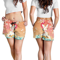Hawaiian and Japanese Culture Together Shorts for Women Kakau Art Tattoo with Cranes and Sakura Spring Vibe LT03 - Polynesian Pride