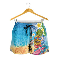 Hawaiian Funny Pineapple Surfing Shorts for Women Beach with Tribal Kakau and Plumeria