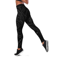 Hawaiian Kakau Art and Hisbiscus Tattoo Leggings Tribal Pattern-Black Gradient Style - Polynesian Pride