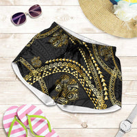 Hawaiian Kakau Art and Hisbiscus Tattoo Shorts for Women Tribal Pattern-Gold Style - Polynesian Pride