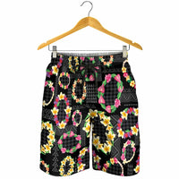 Hawaiian Kakau Tattoo Leis and Palaka Pattern Shorts for Men Traditional Aloha Tribal Black Color