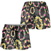 Hawaiian Kakau Tattoo Leis and Palaka Pattern Shorts for Women Traditional Aloha Tribal Black Color