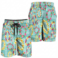 Hawaiian Leis Shorts for Men Kakau Tattoos and Palaka Pastel Teal Color