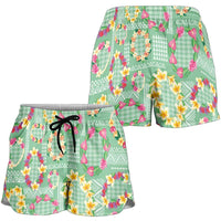 Hawaiian Leis Shorts for Women Kakau Tattoos and Palaka Pastel Green Color LT03 - Polynesian Pride