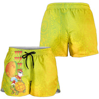 Hawaiian Mango Mele Kalikimaka Shorts for Women Santa Claus Surfing with Mango Christmas Turtle